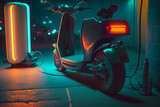 Electric scooter with neon lighting at the city charging station background of cityscape. Generative AI technology.