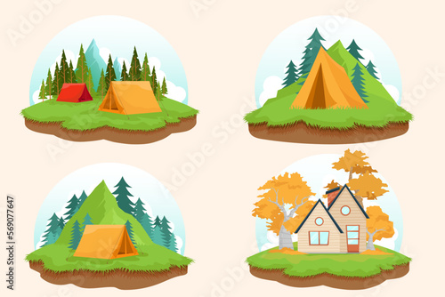 Best nature location with house and tent in forest and mountain landscape vector illustration