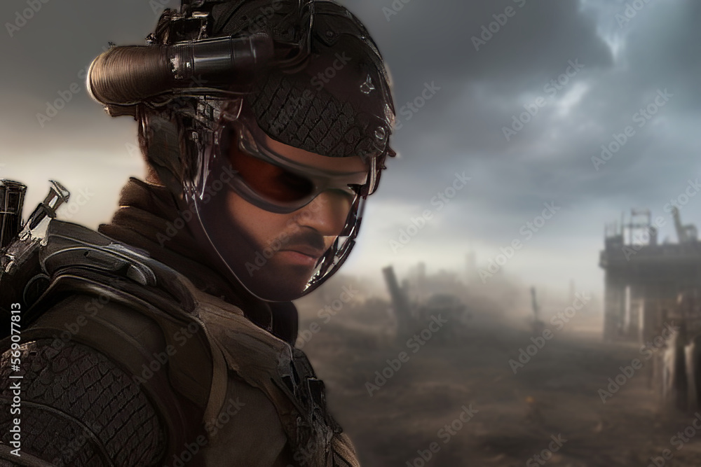 Futuristic Sci-Fi Man Soldier in an Apocalyptic Landscape under Dark Cloudy Sky Generative AI illustration Futuristic Sci-Fi Man Soldier in an Apocalyptic Landscape under Dark Cloudy Sky Generative AI illustration