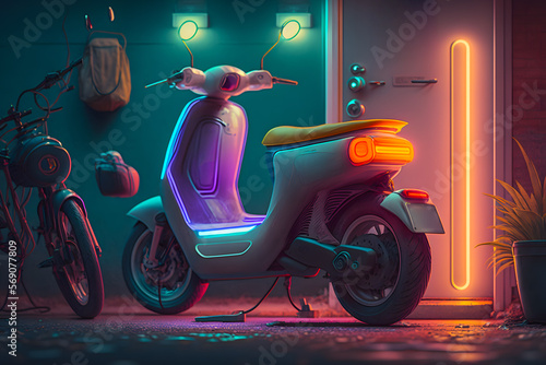 Electric scooter with neon lighting at the city charging station background of cityscape. Generative AI technology. photo