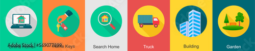 A set of 6 Real Estate icons as online home, home keys, serach home