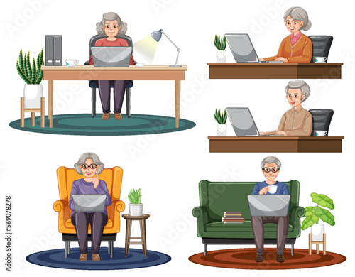 Senior people using laptop set