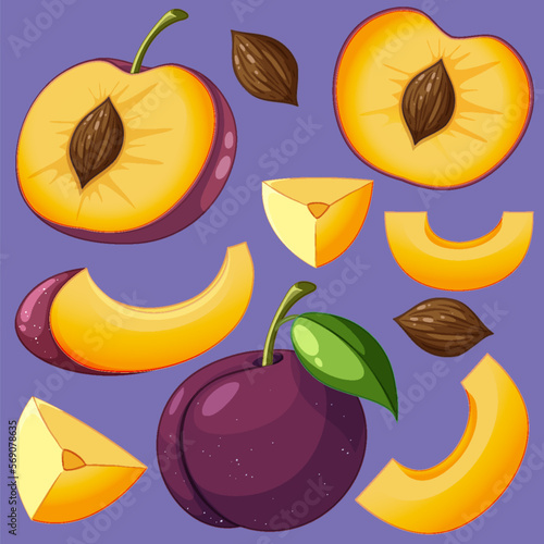 Set of plum fruit cartoon on purple background