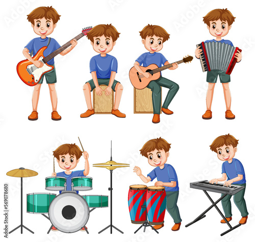 Set of kids playing different musical instrument