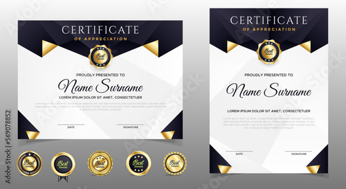 Black and gold certificate of appreciation border template with luxury badge and modern line and shapes. For award, business, and education needs. Diploma vector template