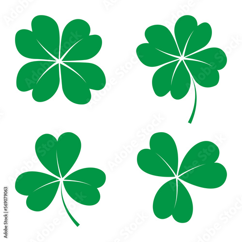 Set of clover leaves in flat style. Four leaf and three leaf clover for design.