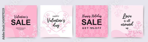Valentine's day holidays square pink templates. Social media post with hearts. Sales promotion on Valentine's Day. Vector illustration for greeting cards, mobile apps, banner design and web ads.