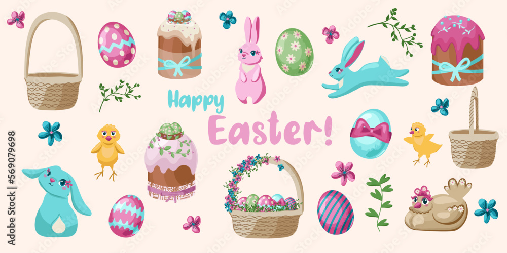 Set of cute Easter cartoon characters and design elements. Easter bunny, chickens, eggs and flowers. Vector illustration.
