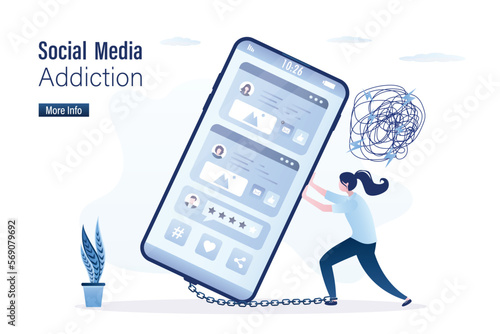 Upset businesswoman chained to big smartphone and holds him from fall. Social media addiction. Unhappy entrepreneur must be constantly communicate on mobile phone