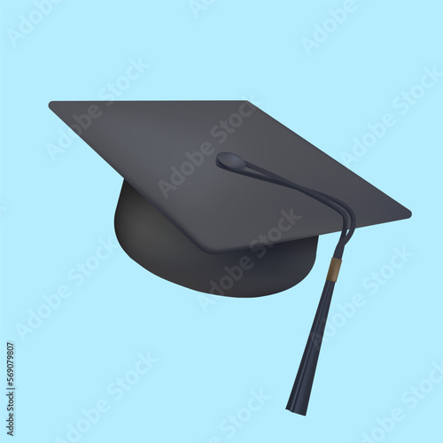Graduate college, high school or university cap isolated on blue background. Vector 3d degree ceremony hat banner. Black educational student cap 3D vector illustration. Vector icon. Back to school