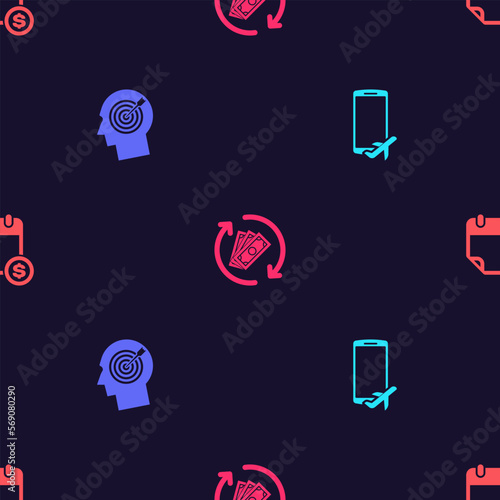 Set Flight mode in the mobile, Head hunting concept, Refund money and Financial calendar on seamless pattern. Vector
