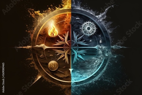 Four elements compass. Generative AI. Colorful magical fantasy compass, four elements earth, fire, water, air.