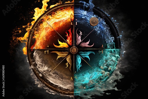 Four elements compass. Generative AI. Colorful magical fantasy compass, four elements earth, fire, water, air.