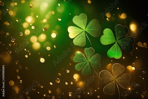 Festive background with shining clover shamrocks and golden bokeh. St. Patrick's Day backdrop. Generative AI illustration
