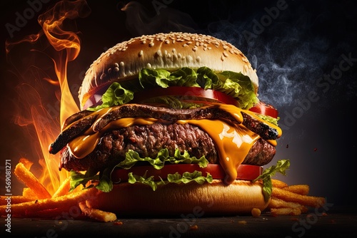 Close-up of a juicy burger with fries, it look very delicious. Big sandwich - hamburger with juicy beef burger, cheese, tomato, and red onion.