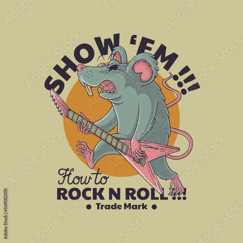 cartoon emblem of blue rat guitarist with retro style