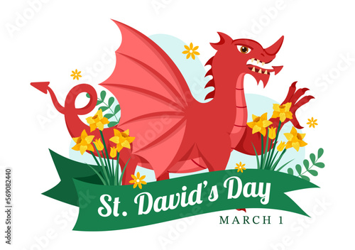 Happy St David's Day on March 1 Illustration with Welsh Dragons and Yellow Daffodils for Landing Page in Flat Cartoon Hand Drawn Templates
