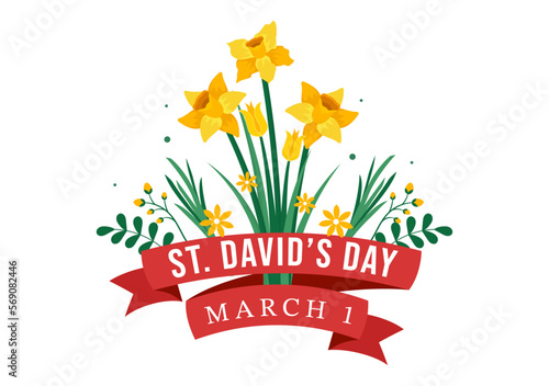 Happy St David's Day on March 1 Illustration with Welsh Dragons and Yellow Daffodils for Landing Page in Flat Cartoon Hand Drawn Templates