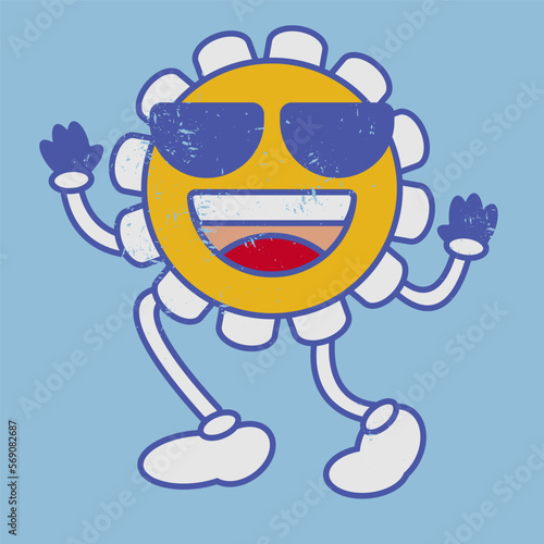 Smile with sunglasses retro flower emoji. Cool vintage emoticon.