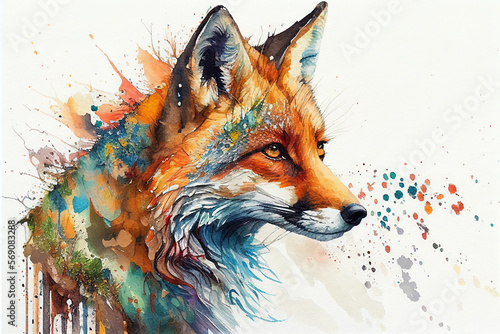 A Vibrant Watercolor Fox Illustration, watercolor illustration is a whimsical depiction of a fox, Fierce and Colorful A Watercolor Fox Portrait, Generative AI: photo