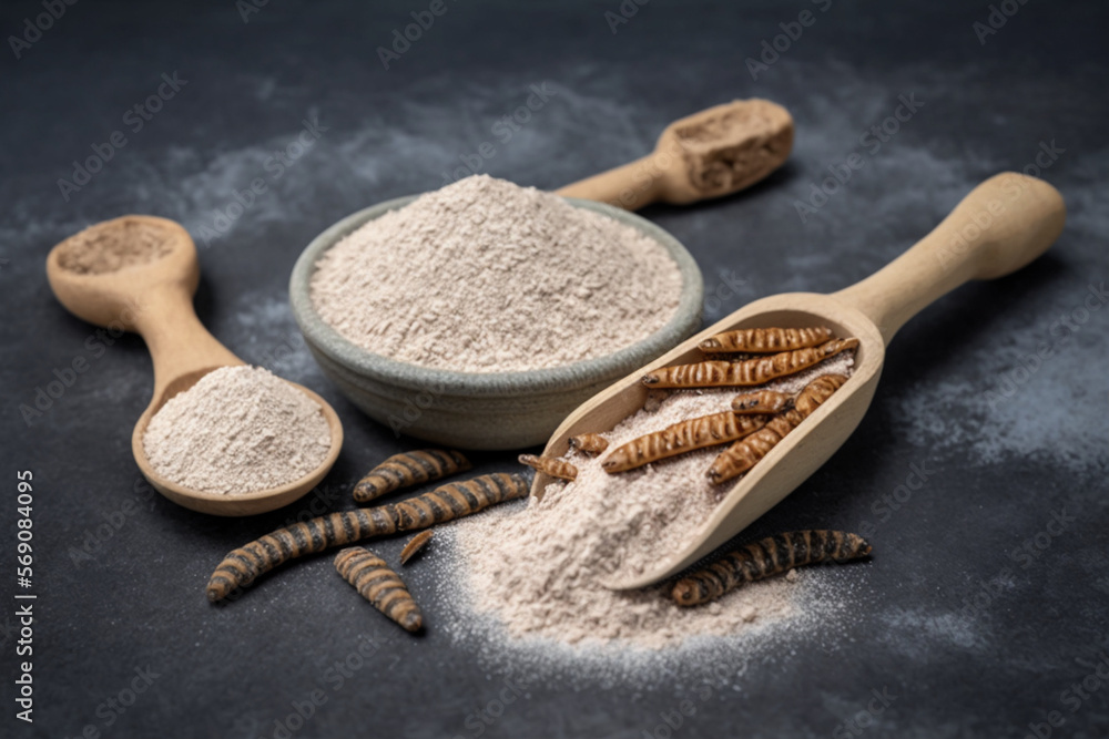 Edible mealworms and flour in a wooden spoons on grey granite table