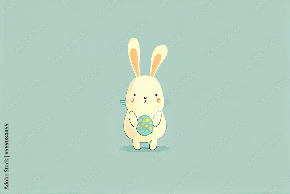 Fototapeta premium Cute cartoon easter rabbit holding an easter egg as easter greeting card design illustration (Generative AI)