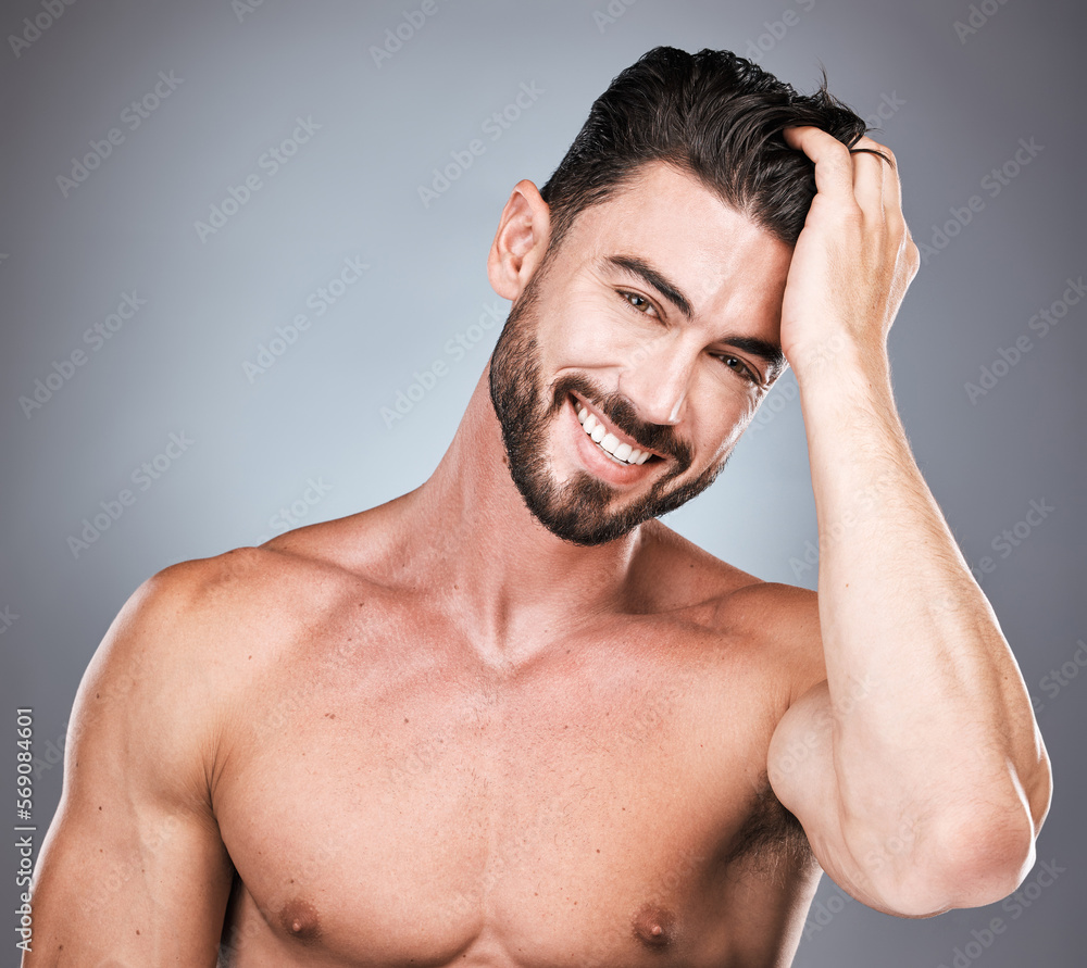 Skincare, smile and portrait of man with hand in hair, sexy beard maintenance and healthy beauty. Fitness, health and spa facial care, male model with muscle in studio isolated on grey background. Skincare, smile and portrait of man with hand in hair, sexy beard maintenance and healthy beauty. Fitness, health and spa facial care, male model with muscle in studio isolated on grey background.