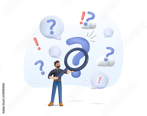 3D man holding magnifying glass and looking through it at interrogation points. 3D render concept of frequently asked questions, query, investigation, search for information. Modern 3D vector