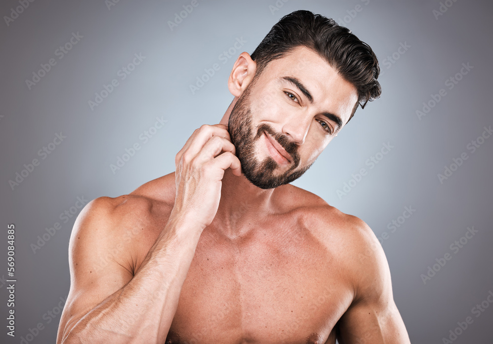 Skincare, beard care and portrait of man with smile, hands on face and hair maintenance. Fitness, healthy spa facial care and happy male model with strong muscle in studio isolated on grey background Skincare, beard care and portrait of man with smile, hands on face and hair maintenance. Fitness, healthy spa facial care and happy male model with strong muscle in studio isolated on grey background