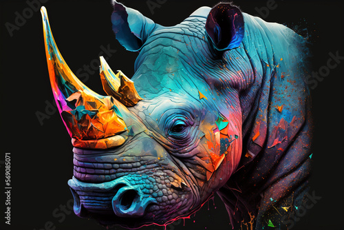 Portrait vom Nashorn mit bunten Farben, generative AI