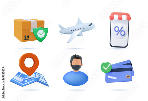 3D Business, icon set. Delivery ecommerce icons 3d render vector set. Map, pin, aircraft plane, delivery man or customer, box, online store. Shipping icons illustrations