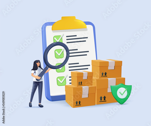 3D safe delivery business concept. Logistics, woman looking through magnifying glass at checklist and boxes. Product quality control inspection or test procedure focused. 3D render vector illustration