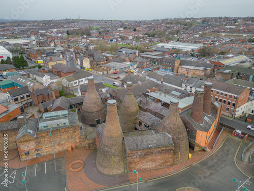 Stoke-on-trent, Staffordshire, England, March 3 2023. Old Gladstone Potteries with bottle ovens in the centre of Stoke on Trent, Staffordshire,UK. Industrial architecture in England photo