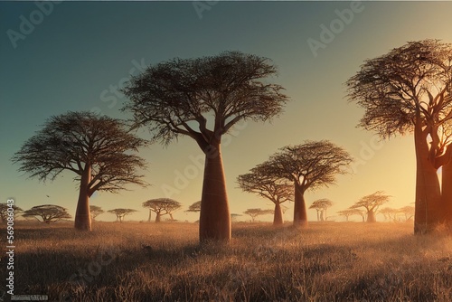 Fototapeta African baobabs in the savannah at sunrise. Generative AI