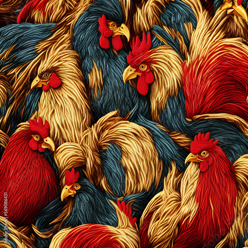 Stitching of roosters and hens in gold, blue and red. Textured material background. Generative AI © Sylvie Bird