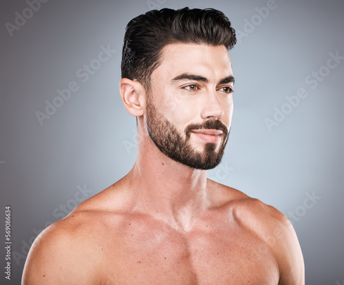 Skincare, health profile picture of man with smile, grooming and hair or beard maintenance. Fitness, health and spa facial care, happy male model with muscle in studio isolated on grey background.