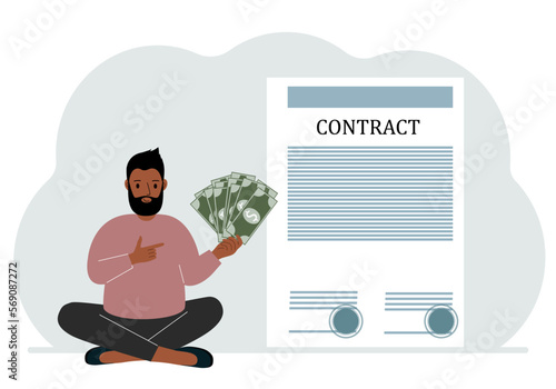 A man receives money for a deal. Next to it is a large contract with seals. The concept of a financial agreement, signing a contract or a deal.