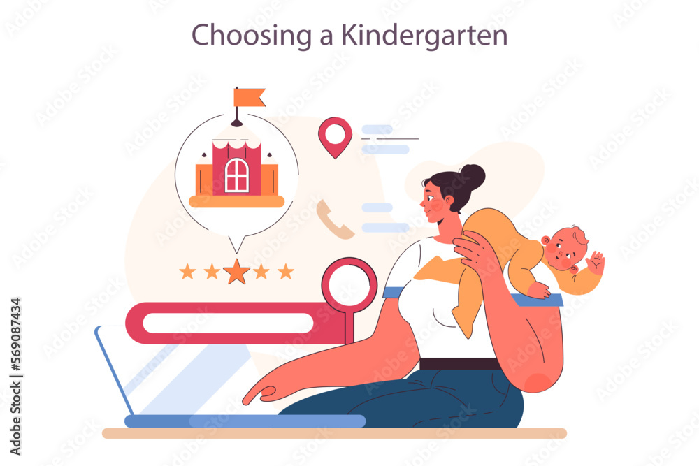 Mother choosing a kindergarten for her child. Toodler education and daycare