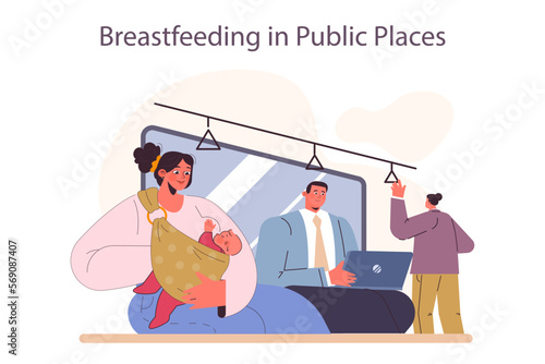Child care in public place conept. Mother feeding her newborn baby