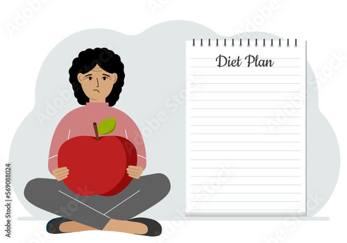 Diet plan illustration. A woman sits cross-legged and holds a large red apple. The concept of diet food, meal planning, nutrition consultation.