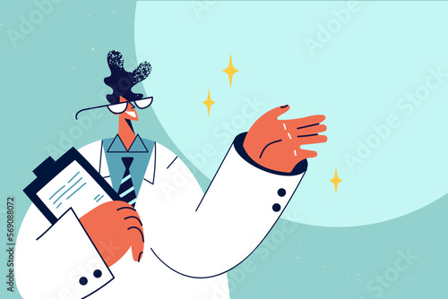 Male doctor in uniform show copy space 