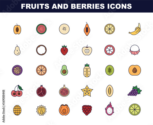 Fruits and berries black and white icons set. Simple line symbol of fresh