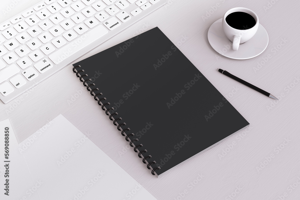 Top view of light desk with empty black notepad, pen and coffee cup. Workspace concept. 3D Rendering.