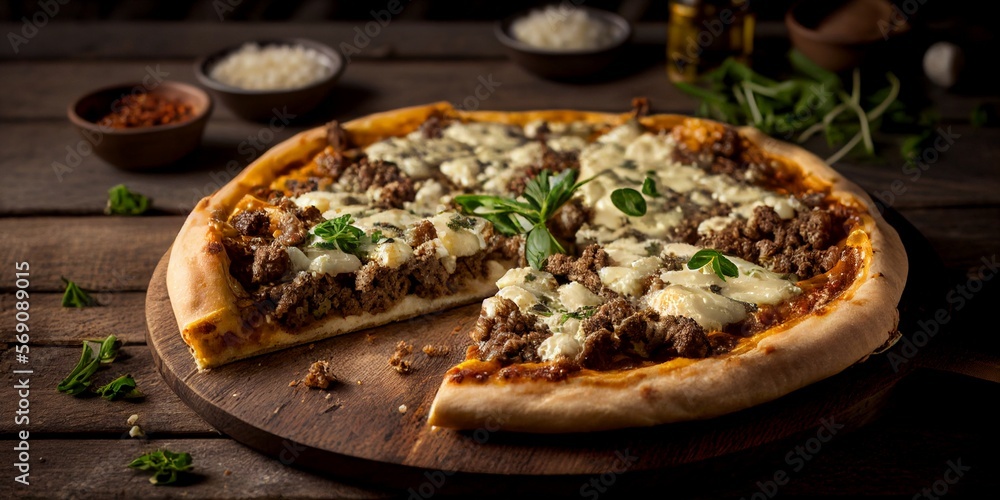 Leckere knusprige Steinofen Pizza mit Mozzarella Käse überbacken, ai generativ