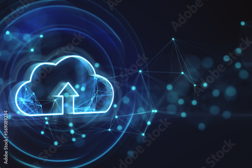 Wallpaper Mural Cloud computing, data exchange concept with digital cloud symbol and arrow on dark background with glowing circles, geometrical lines and blurred dots. 3D rendering Torontodigital.ca