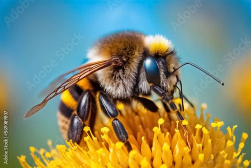 The honey bee feeds on the nectar of a yellow flower. Beautiful blurred spring and summer background nature. generative AI © BlazingDesigns