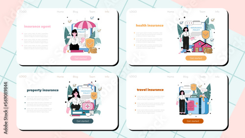 Insurance agent web banner or landing page set. Contract of security
