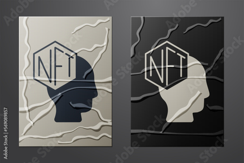 White NFT Digital crypto art icon isolated on crumpled paper background. Non fungible token. Paper art style. Vector