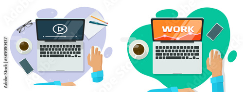 Webinar online class remote study learning video vector graphic, digital tutor seminar course training working using laptop illustration, education table desk flat design top view above image clipart