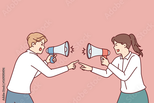 Aggressive men and women with megaphones quarreling and pointing fingers at each other. Guy and girl office employees are screaming trying to find culprit in losses of company